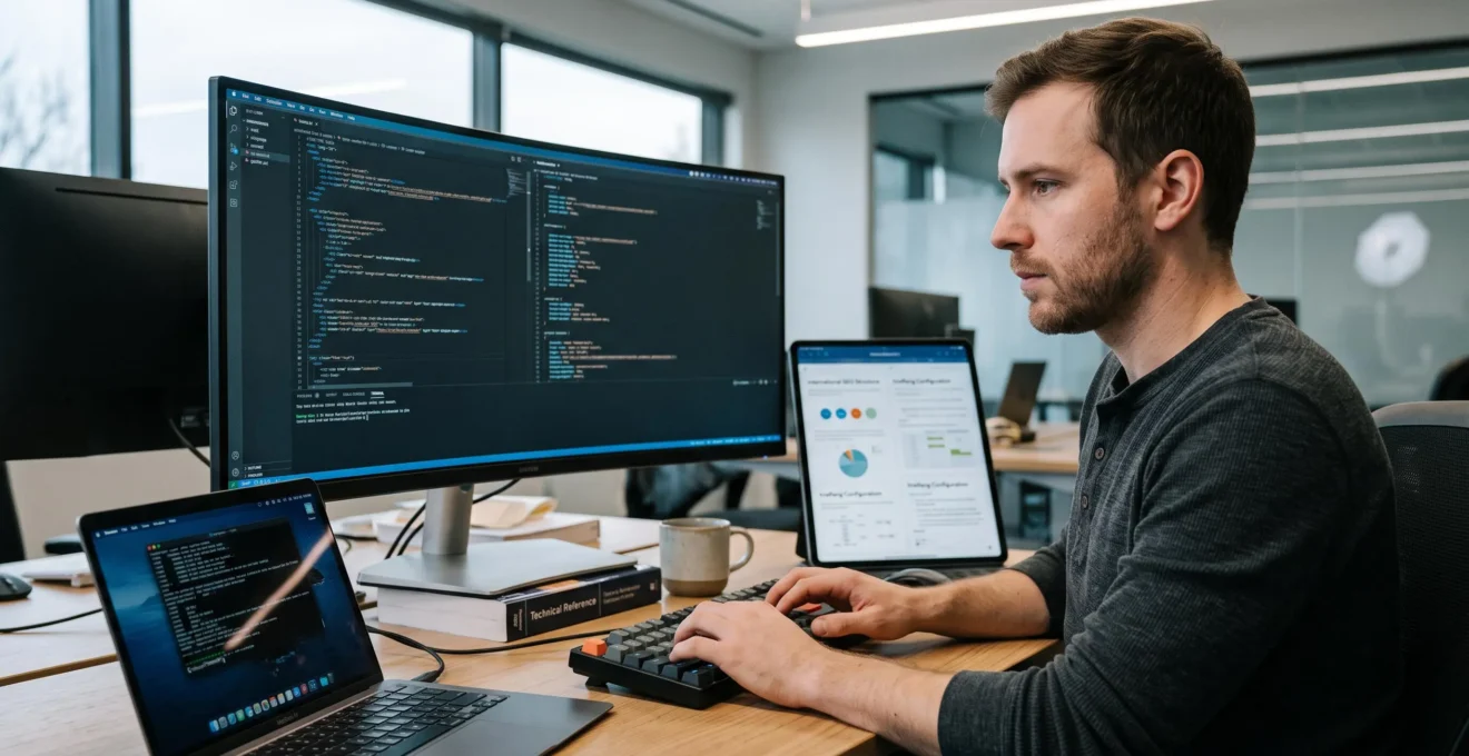Spécialiste SEO technique vérifiant la configuration d'architecture multilingue d'un site web sur son ordinateur