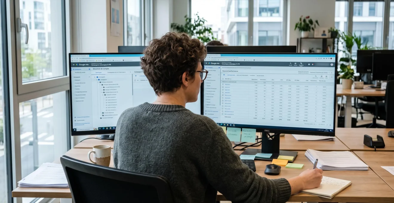 Consultant SEA analysant la structure d'un compte Google Ads sur double écran et prenant des notes manuscrites dans un bureau contemporain