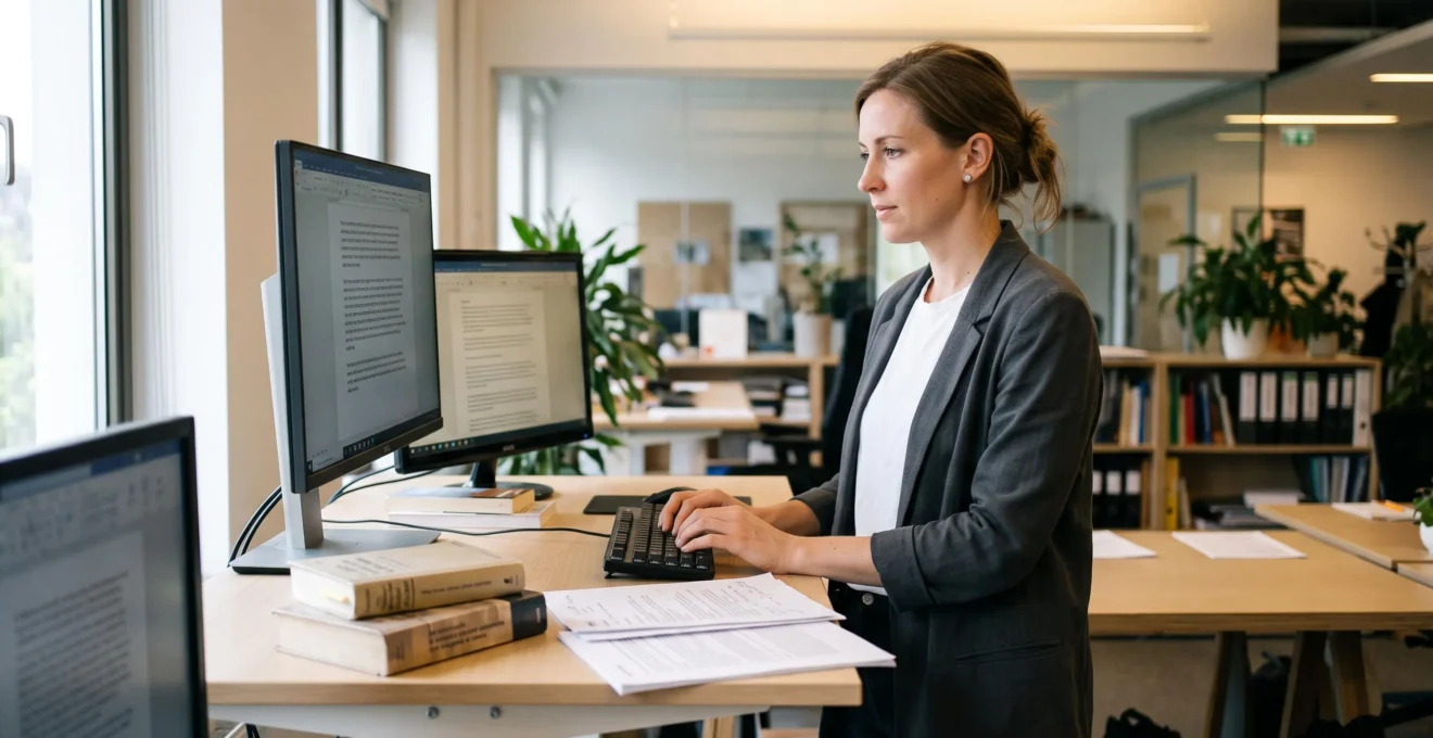 Stratège de contenu rédigeant du contenu optimisé en anglais pour le référencement international en position debout à son bureau