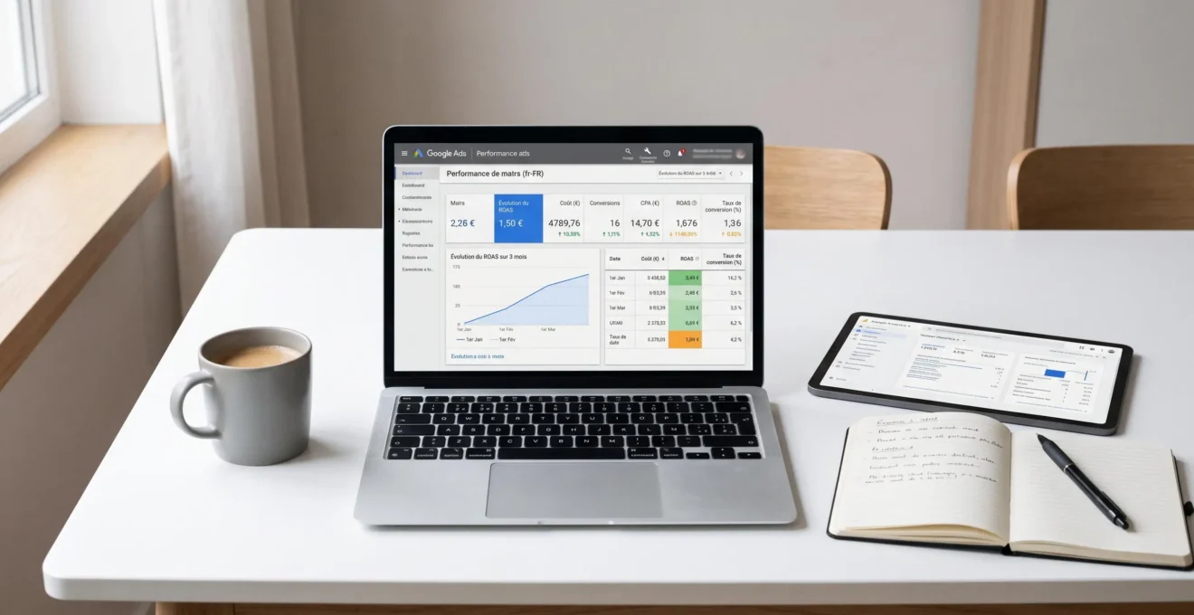 Écran de laptop affichant un tableau de bord Google Ads avec métriques de performance ROAS, CPA et conversions, accompagné d'une tablette et d'un carnet