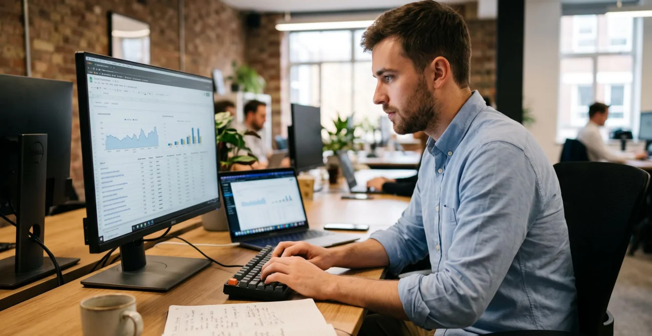 Spécialiste marketing digital effectuant une recherche de mots-clés pour les marchés anglophones sur son ordinateur dans un espace de coworking