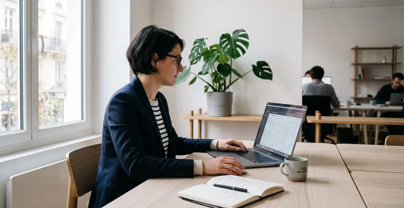 Responsable marketing analysant un tableau de bord Google Ads sur ordinateur portable dans un bureau contemporain