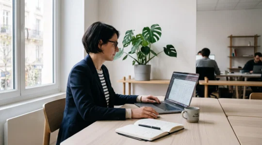 Responsable marketing analysant un tableau de bord Google Ads sur ordinateur portable dans un bureau contemporain