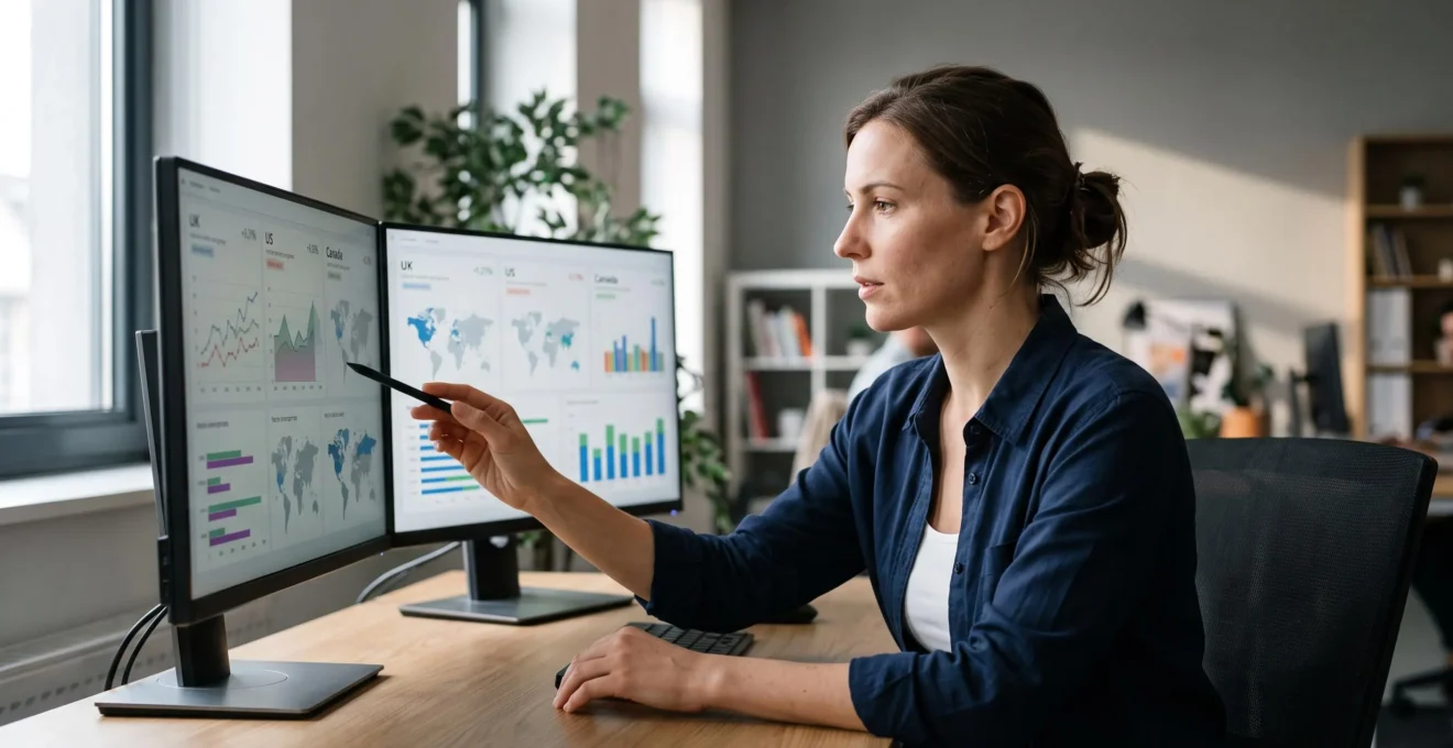 Professionnelle SEO analysant des données de performance de référencement pour différents marchés anglophones sur deux écrans d'ordinateur dans un bureau moderne