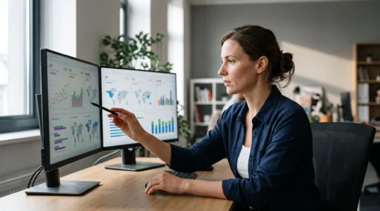 Professionnelle SEO analysant des données de performance de référencement pour différents marchés anglophones sur deux écrans d'ordinateur dans un bureau moderne